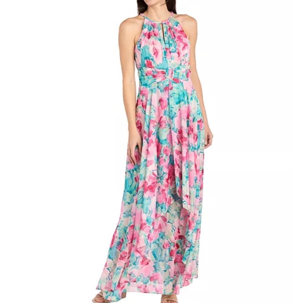 R&M Richards Floral Maxi Dress Women 6 NWT Halter High-Low Metallic MSRP $149